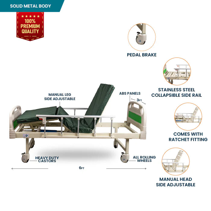 ARREX UNO PRO MANUAL HOSPITAL BED with Adjustable Levers, Pedal Brakes, Rolling Wheels