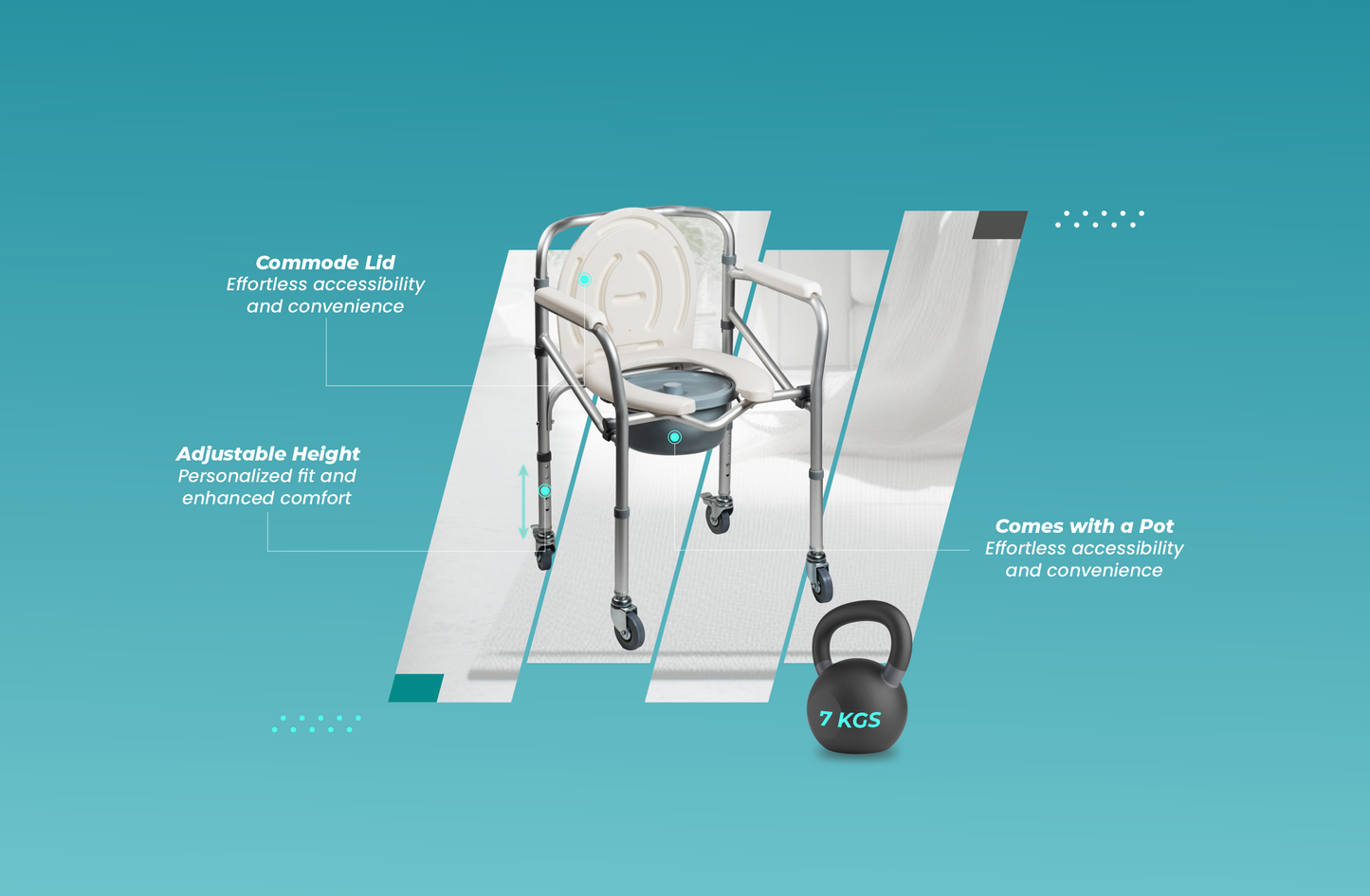 ARREX VP40 COMMODE CHAIR SOLID CASTOR WHEELS WITH BRAKES, HEIGHT ADJUSTABLE, ATTACHED POT, DURABLE AND RELIABLE