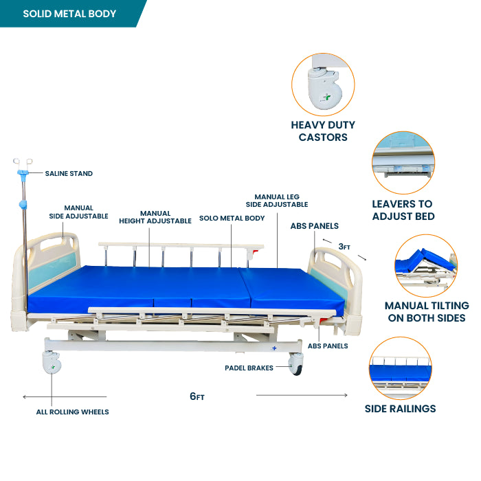 ARREX AMADO 3-FUNCTION MANUAL BED WITH INCLUDED MATTRESS - 150KG LOAD CAPACITY
