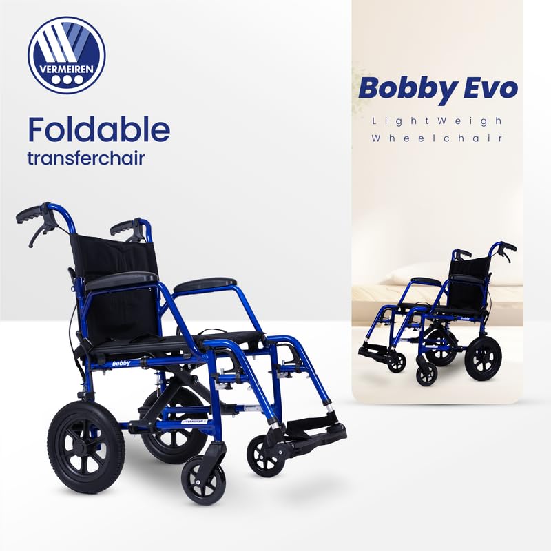 VERMEIREN Bobby Foldable Travel Wheelchair, Sturdy Frame, Light Weight & Foldable, Kids & Seniors, Upto120Kg Weight Capacity - Belgium Technology, Made in India