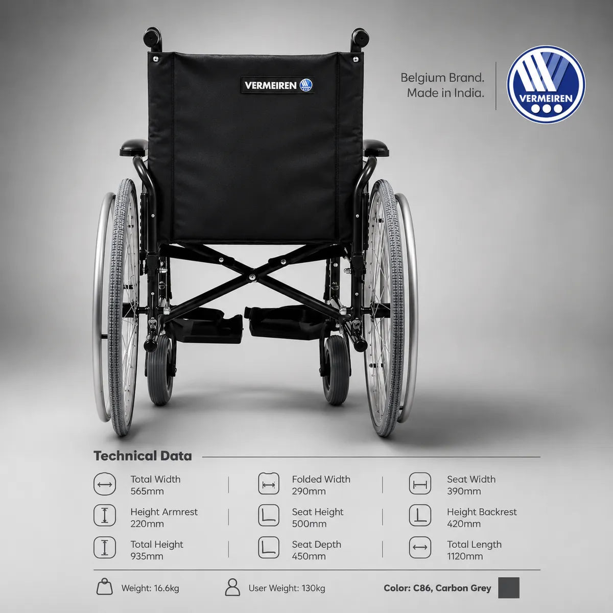 VERMEIREN Jazz S50 Premium Foldable Manual Wheelchair with Adjustable Armrests | 130 kg Capacity