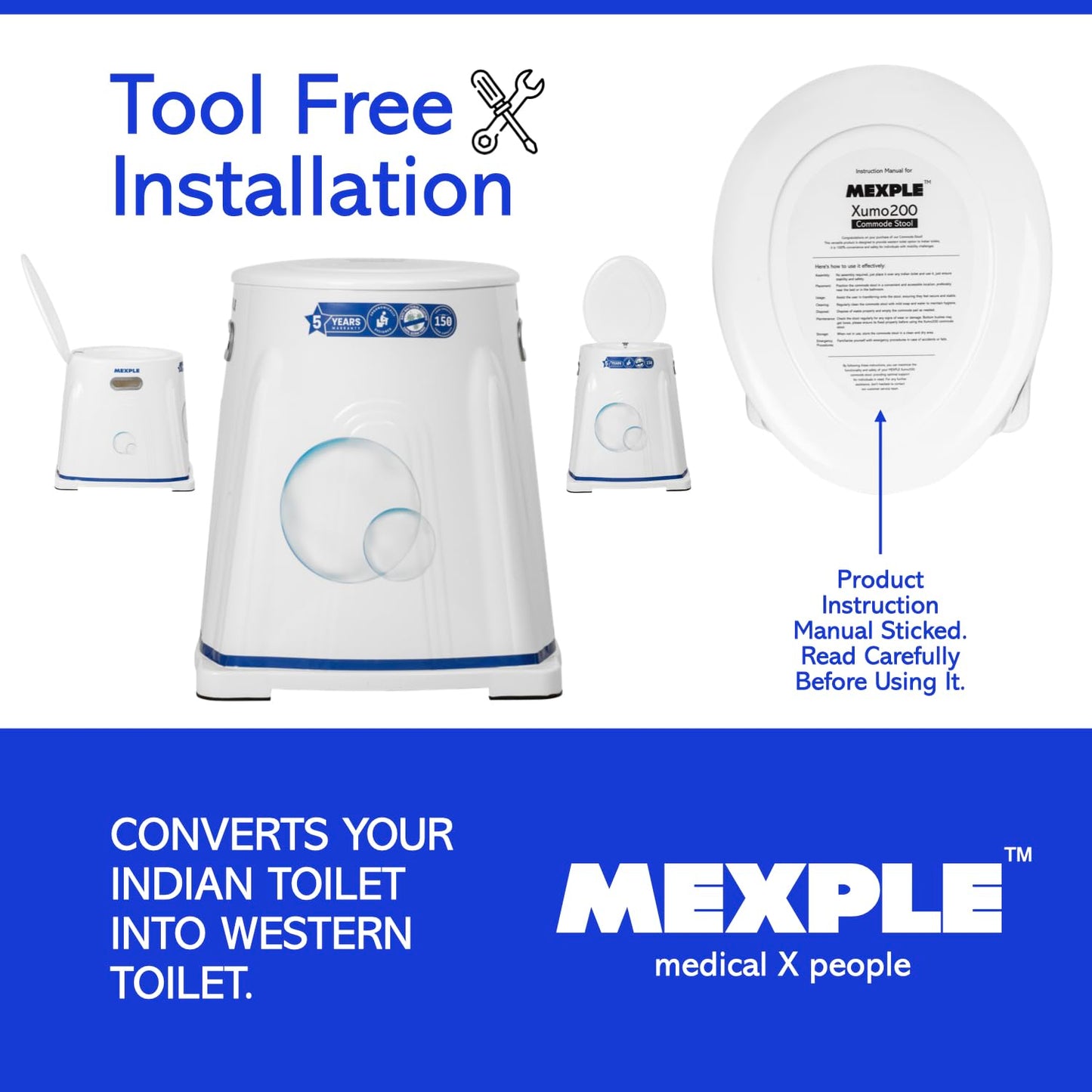 MEXPLE Xumo200 Heavy Duty Portable Indian Toilet To Western Toileting | Indian Toilet Commode Stool | Portable Toilet Seat For Adult, elderly, Handicap People (White)