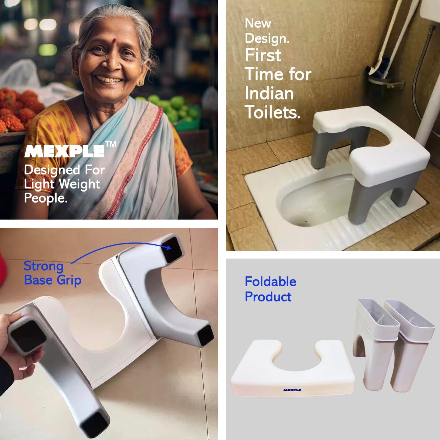 MEXPLE Xumo50 Potty Squat Stool Portable Indian to Western Toileting | Indian Toilet Commode Stool | Portable Toilet Seat for Adult, Kids, Elderly, Handicap People - Height 22cm/8.6Inches (White)