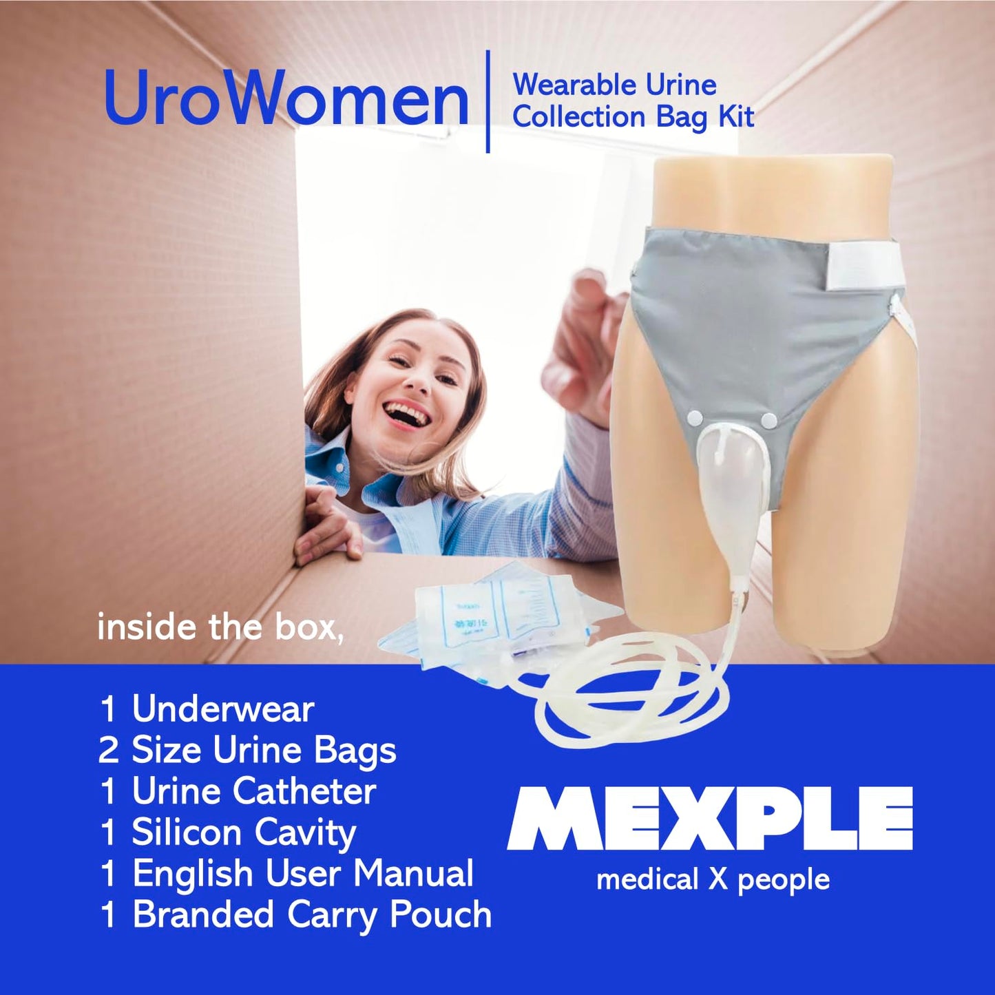 MEXPLE UroWomen Wearable Urine Collection Bag Kit for Women, Portable, Reusable Silicon Urine Bag Complete Urinal Incontinence Set, External Catheter, (1000ml + 2000ml) for Bedridden Patients, Grey