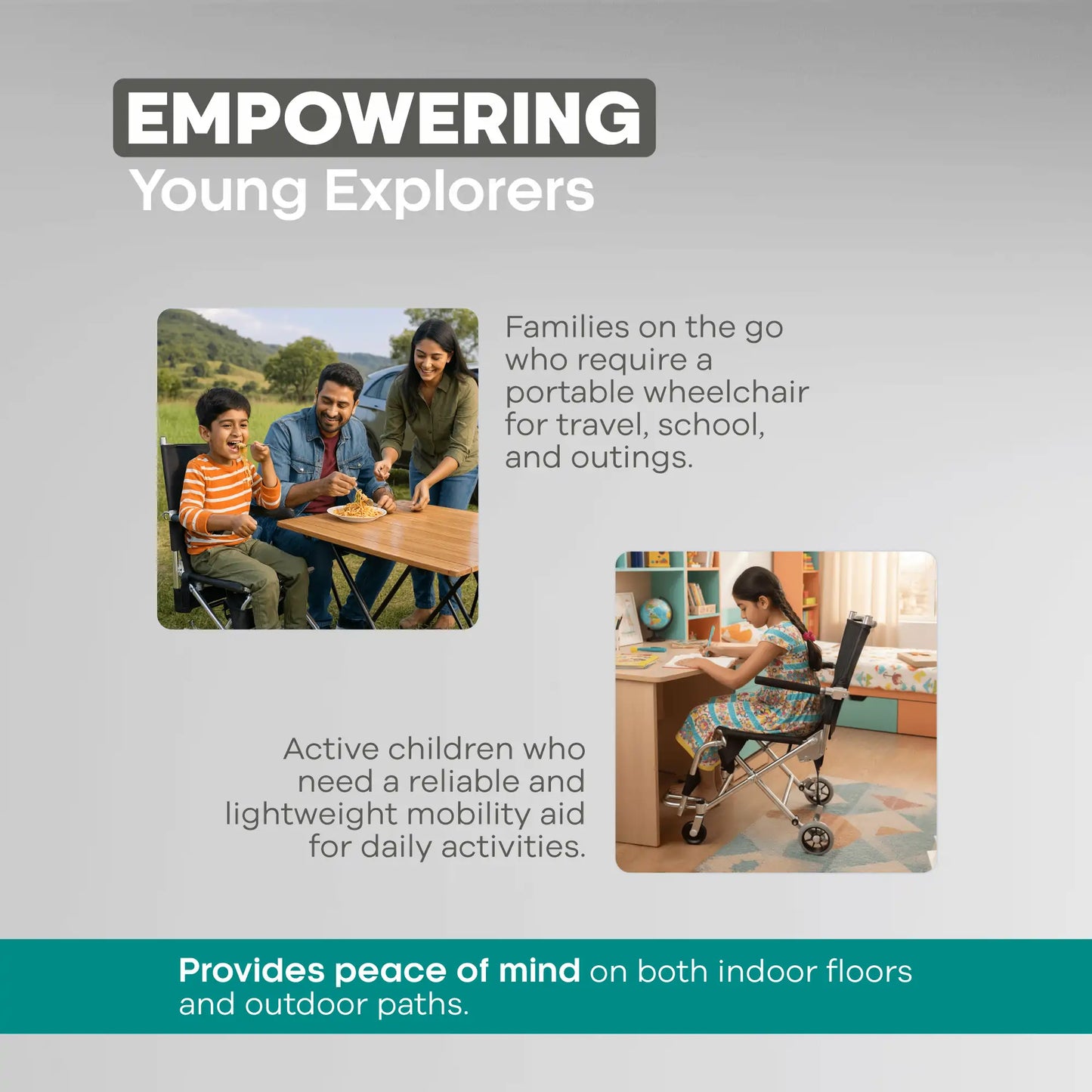 portable wheelchair for young children, showing families using it in various settings.