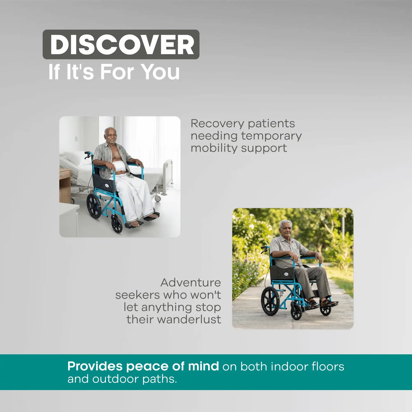 Advertisement for a wheelchair with text about recovery patients and adventure seekers.