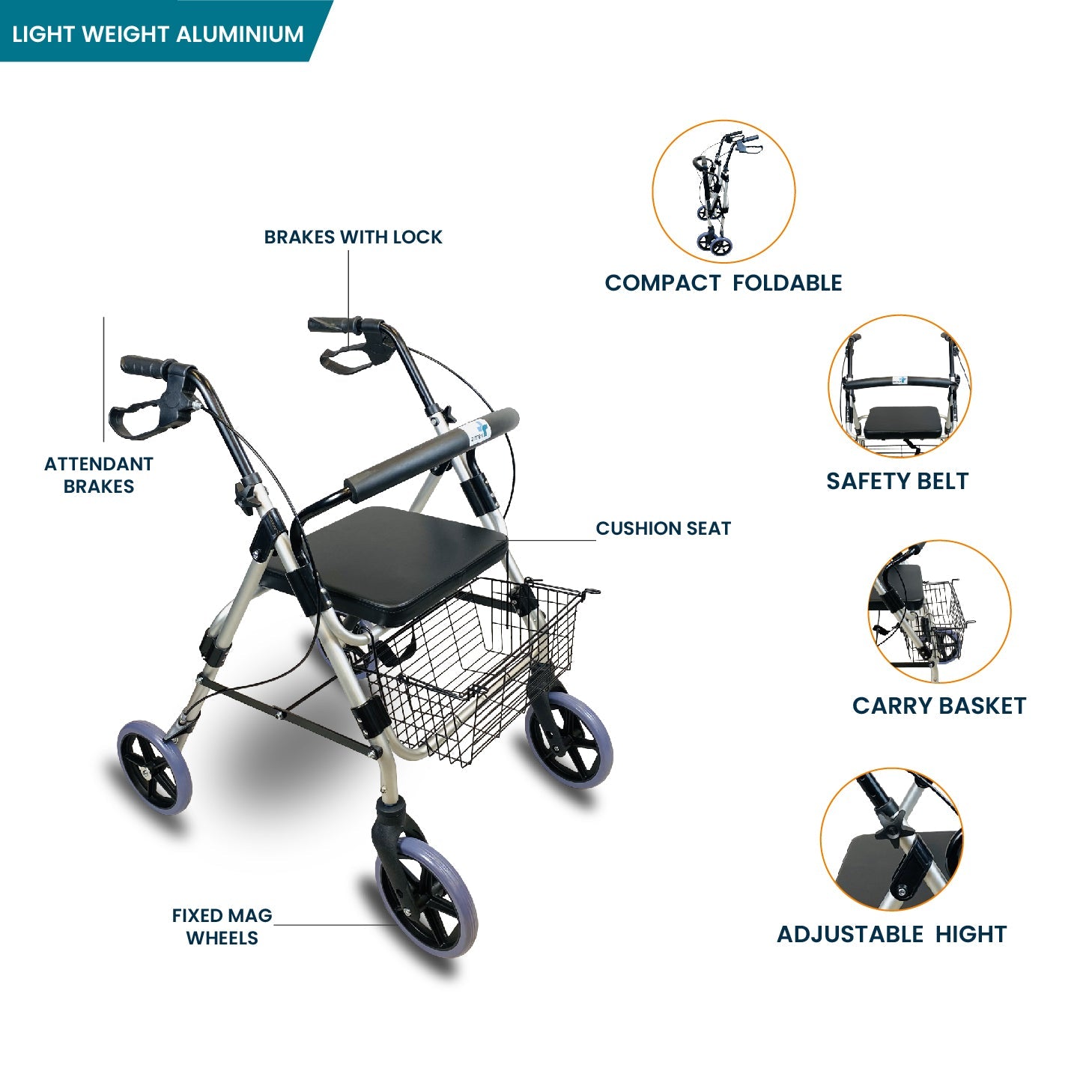 bombay surgical arrex mr50 rollator brakes with lock, mag wheels, back support, cushion seat