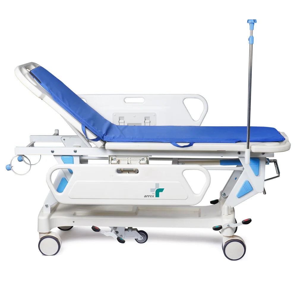 ARREX STR 10 - HOSPITAL TROLLEY COMES WITH CENTRAL LOCK, CYLINDER HOLDER, AND LEVERS TO ADJUST STRETCHERS