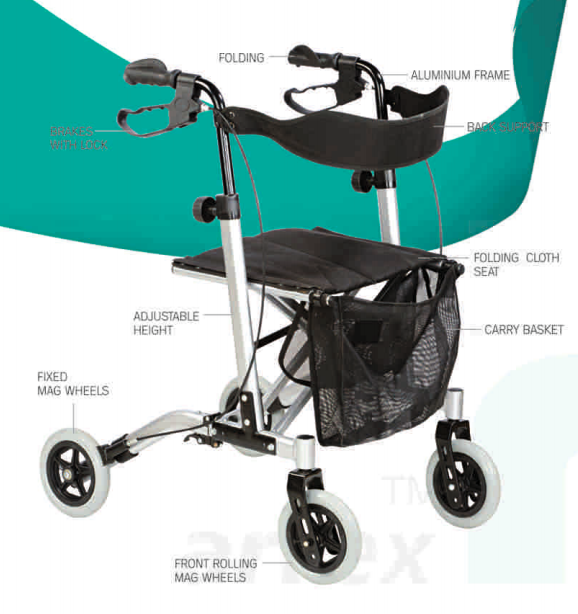 bombay surgical arrex mr30 rollator brakes with lock, mag wheels, back support, cushion seat