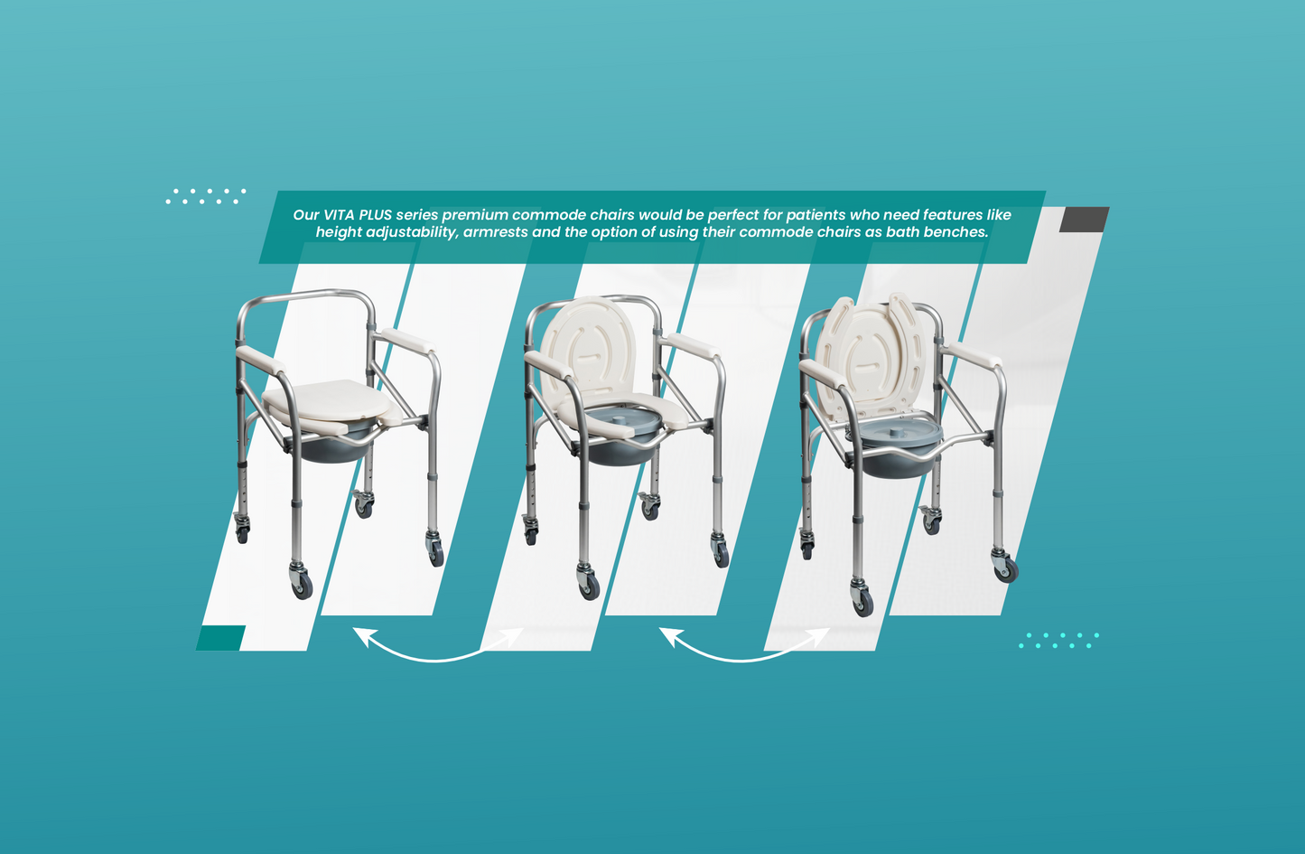 ARREX VP40 COMMODE CHAIR SOLID CASTOR WHEELS WITH BRAKES, HEIGHT ADJUSTABLE, ATTACHED POT, DURABLE AND RELIABLE