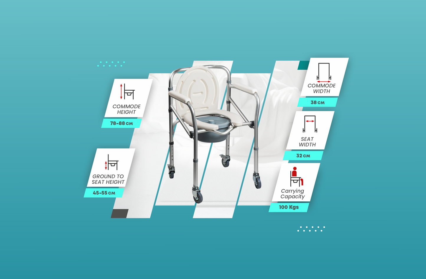 ARREX VP40 COMMODE CHAIR SOLID CASTOR WHEELS WITH BRAKES, HEIGHT ADJUSTABLE, ATTACHED POT, DURABLE AND RELIABLE