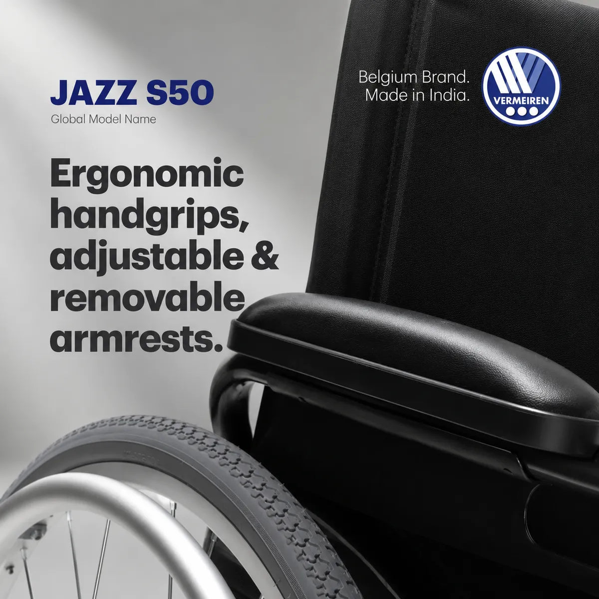 VERMEIREN Jazz S50 Premium Foldable Manual Wheelchair with Adjustable Armrests | 130 kg Capacity