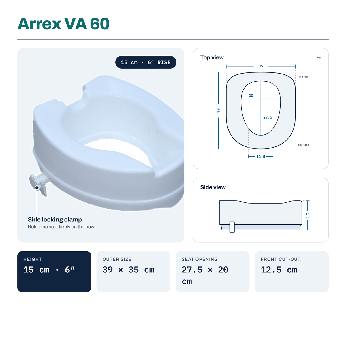 ARREX VA60 Comfort Commode Raiser 6 Inch Elevated Toilet Seat With Lid Portable, Lightweight, Washable & Antibacterial