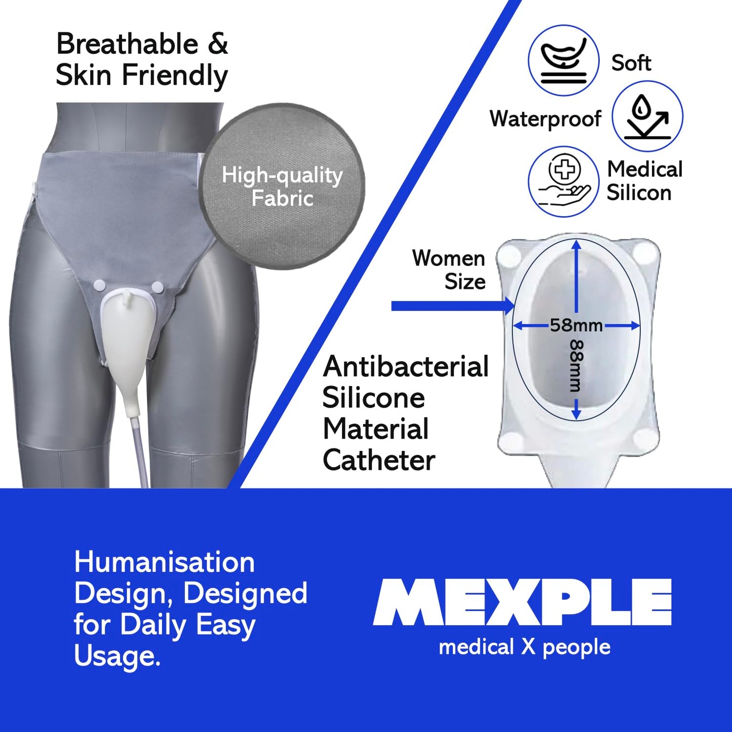 MEXPLE UroWomen Wearable Urine Collection Bag Kit for Women, Portable, Reusable Silicon Urine Bag Complete Urinal Incontinence Set, External Catheter, (1000ml + 2000ml) for Bedridden Patients, Grey