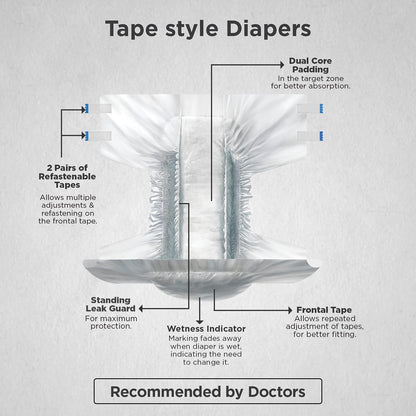 FRIENDS EASY ADULT DIAPERS TAPE STYLE - 10 COUNT WITH ODOUR LOCK AND ANTI-BACTERIAL ABSORBENT CORE