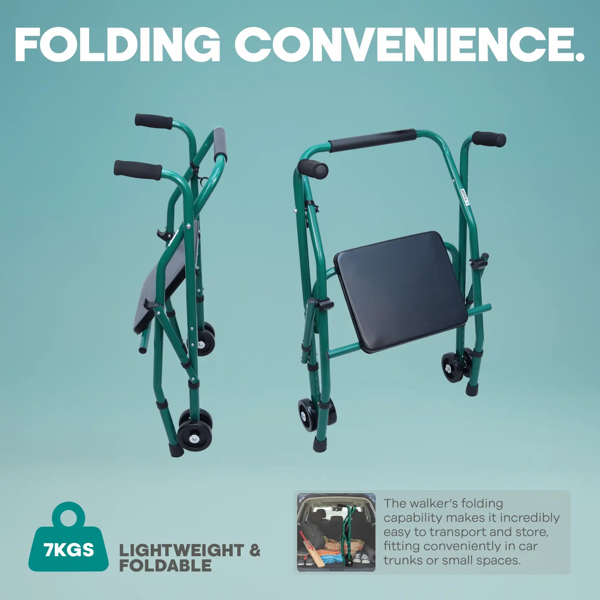 Adjustable Folding Walker with Front Wheels & Cushion Seat Arrex M10