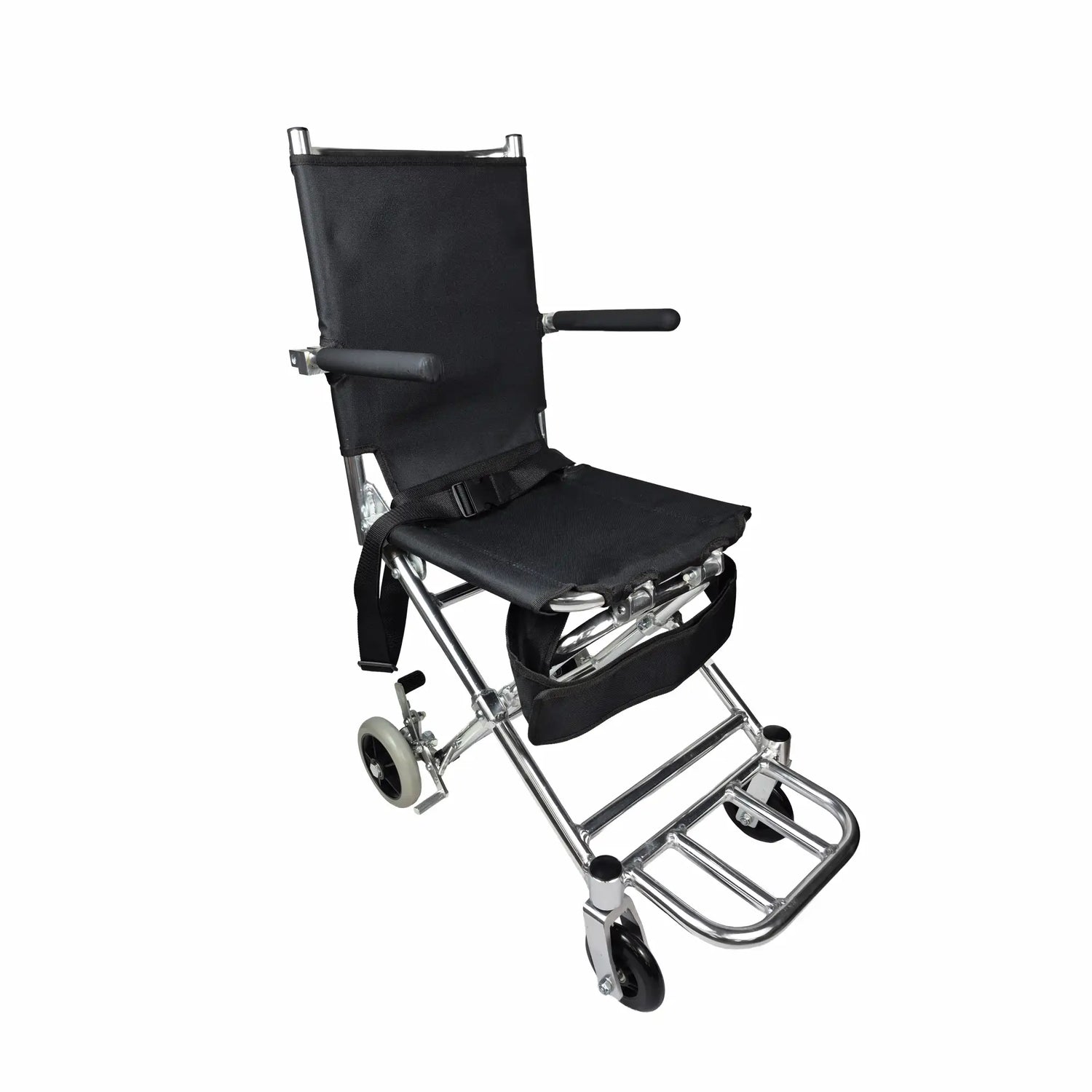 Black and silver manual wheelchair on a white background
