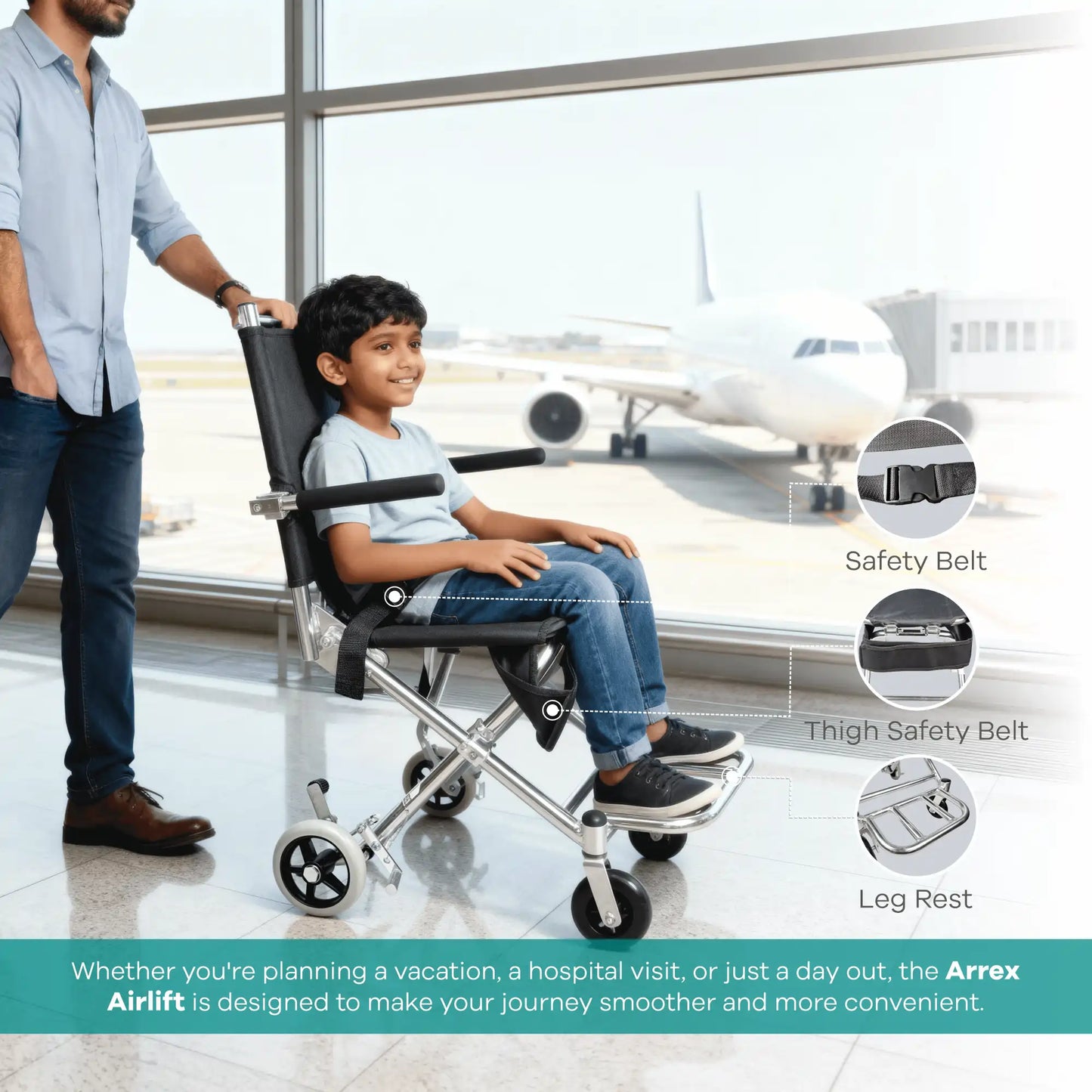 Compact Ultra-Light Foldable Aluminum Wheelchair with Safety Belt Arrex Airlift