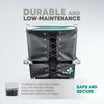 Black medical bag with laces and Arrex branding on a gray background, featuring text about durability, safety, and maintenance.