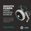 Wheelchair wheel with text highlighting smooth power and zero maintenance on a dark background