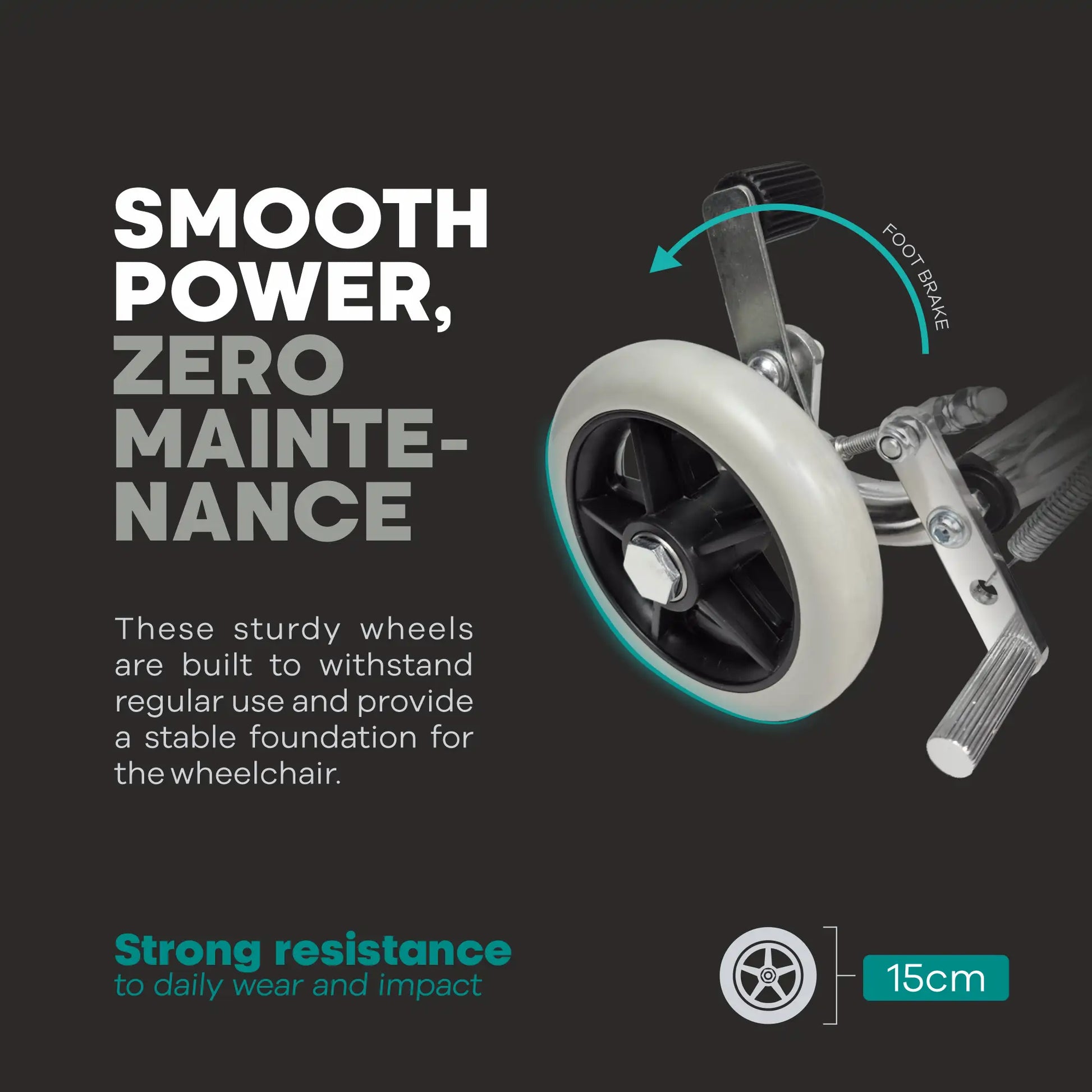 Wheelchair wheel with text highlighting smooth power and zero maintenance on a dark background