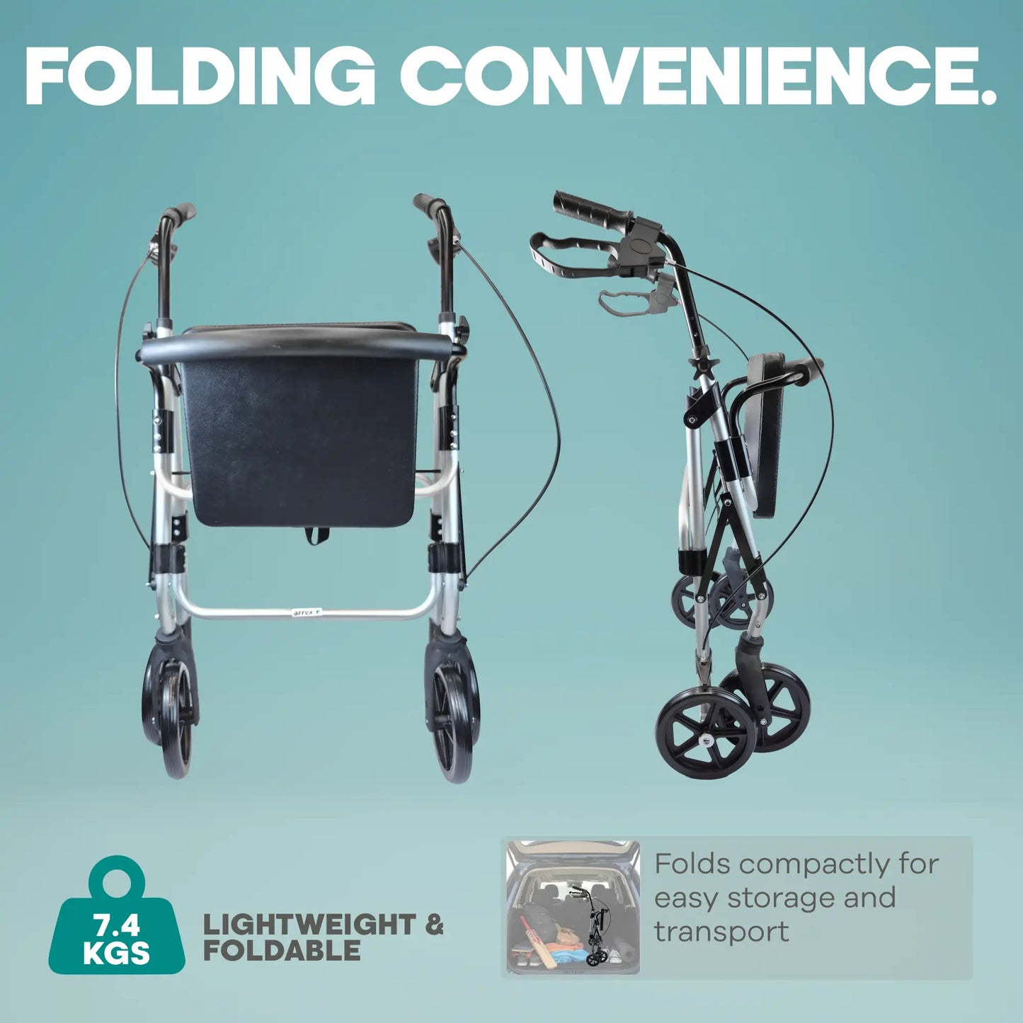 Arrex MR50 rollator - brakes with lock, mag wheels, back support, cushion seat