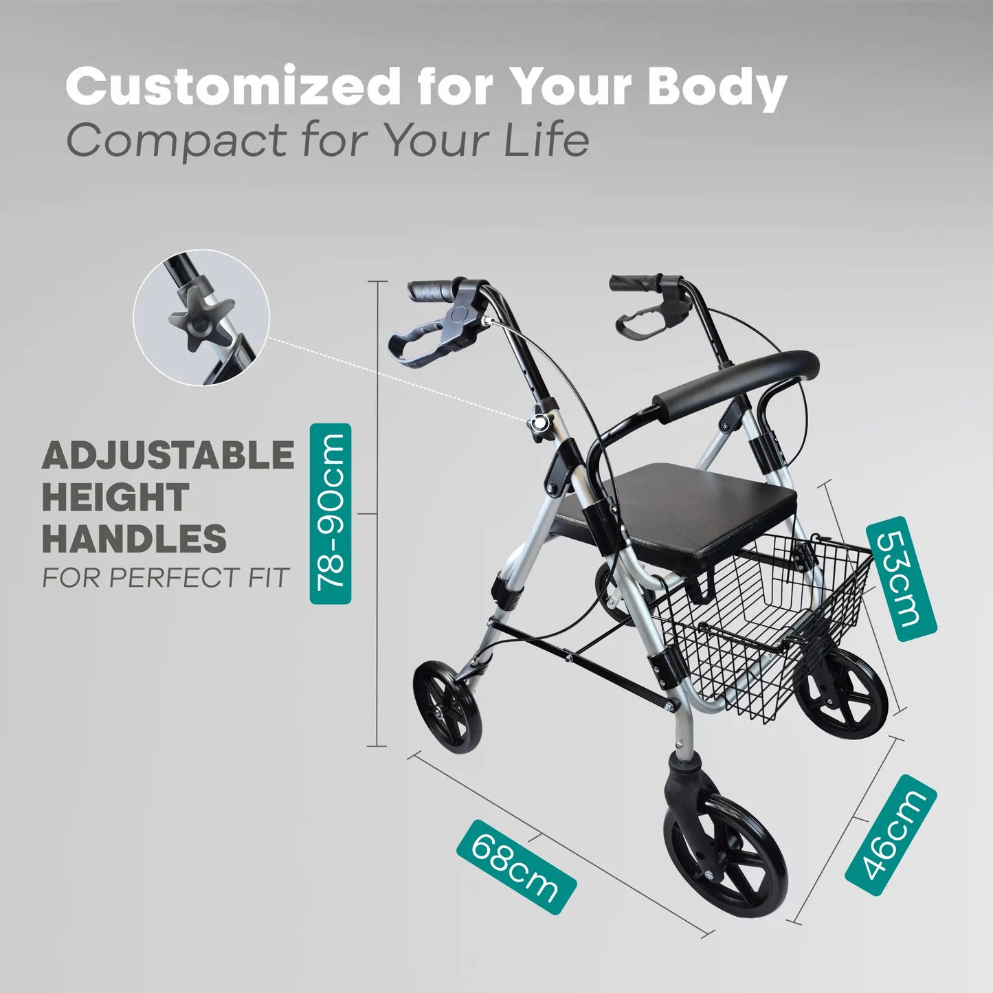 Arrex MR50 rollator - brakes with lock, mag wheels, back support, cushion seat