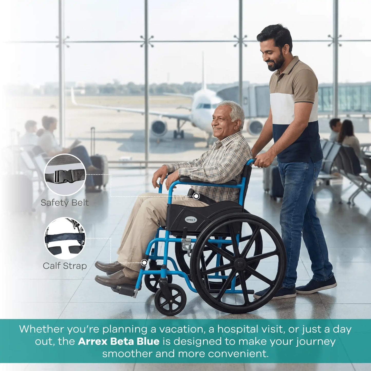 Basic Foldable Steel Wheelchair with Solid Mag Wheels Arrex Beta Blue