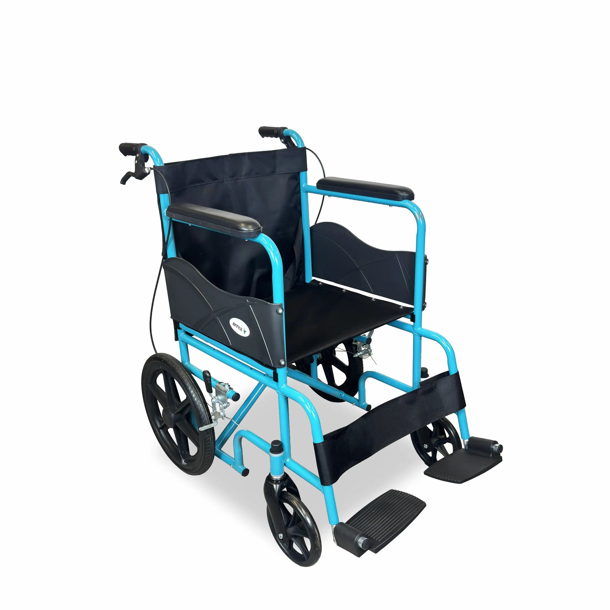 Blue and black wheelchair on a white background