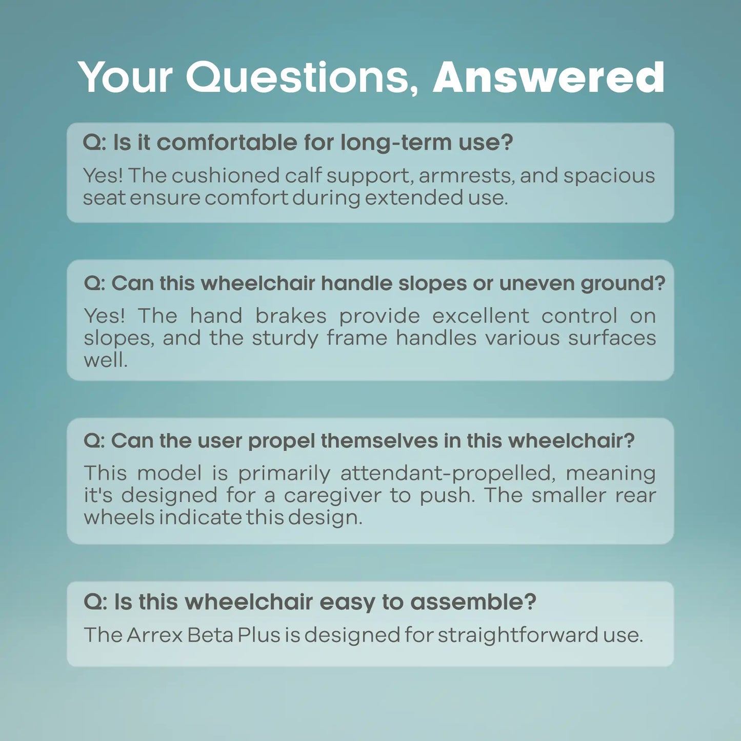 Answered questions about a wheelchair on a teal background