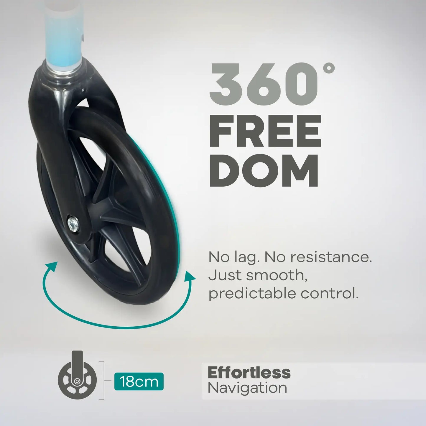 Black wheel with '360 Freedom' text and features on a gray background