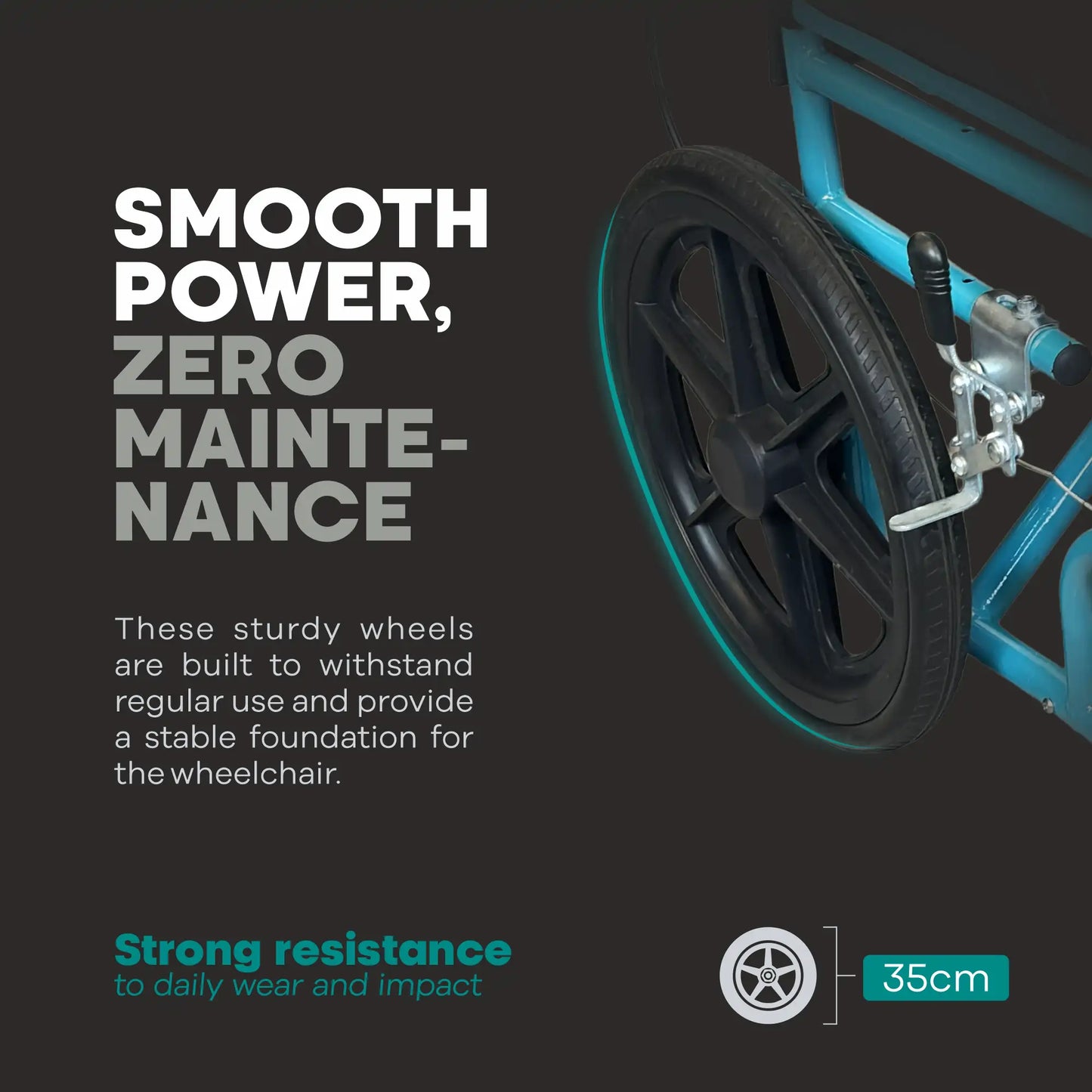 Wheelchair wheel with text highlighting smooth power and zero maintenance on a dark background
