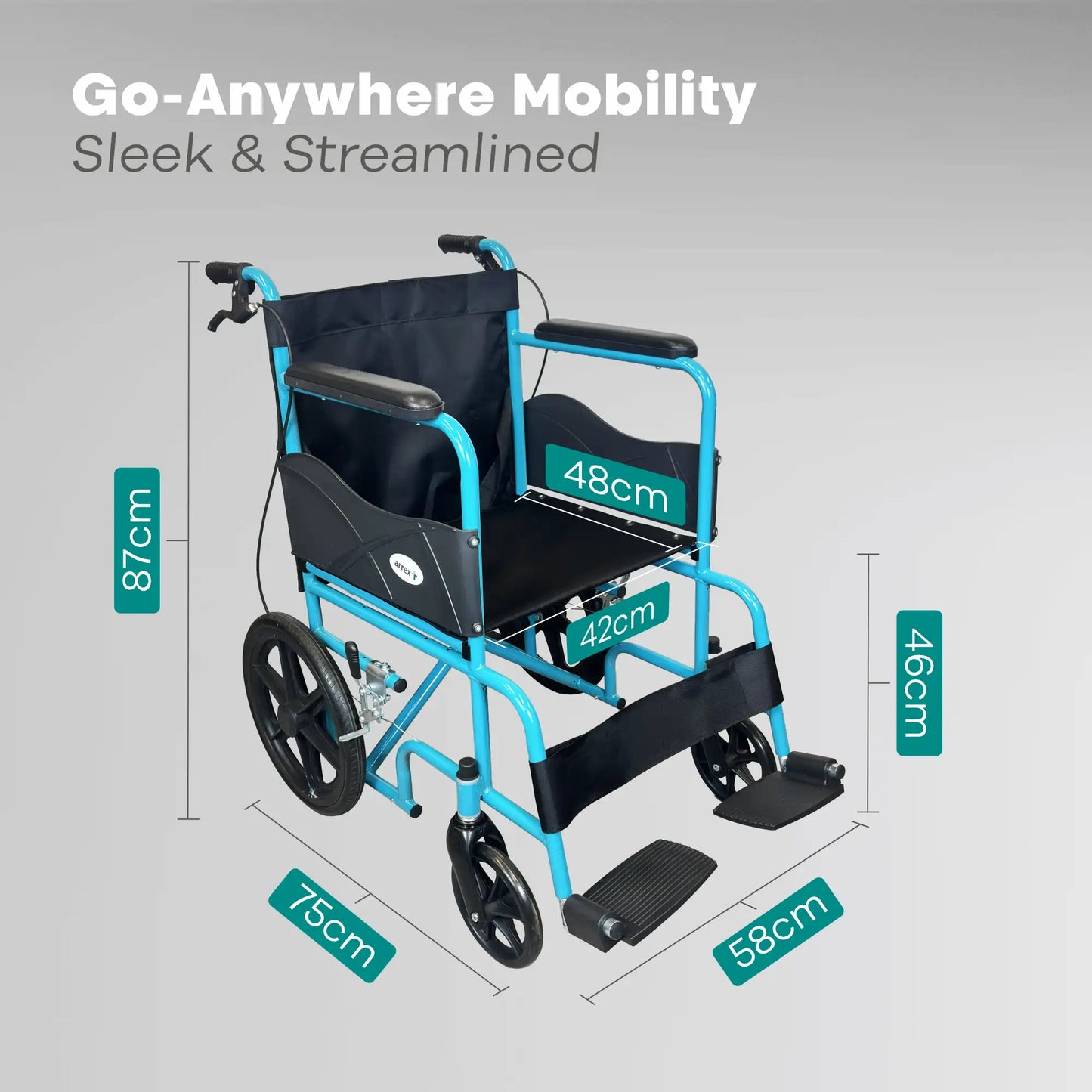 Blue and black mobility wheelchair with dimensions on a gray background