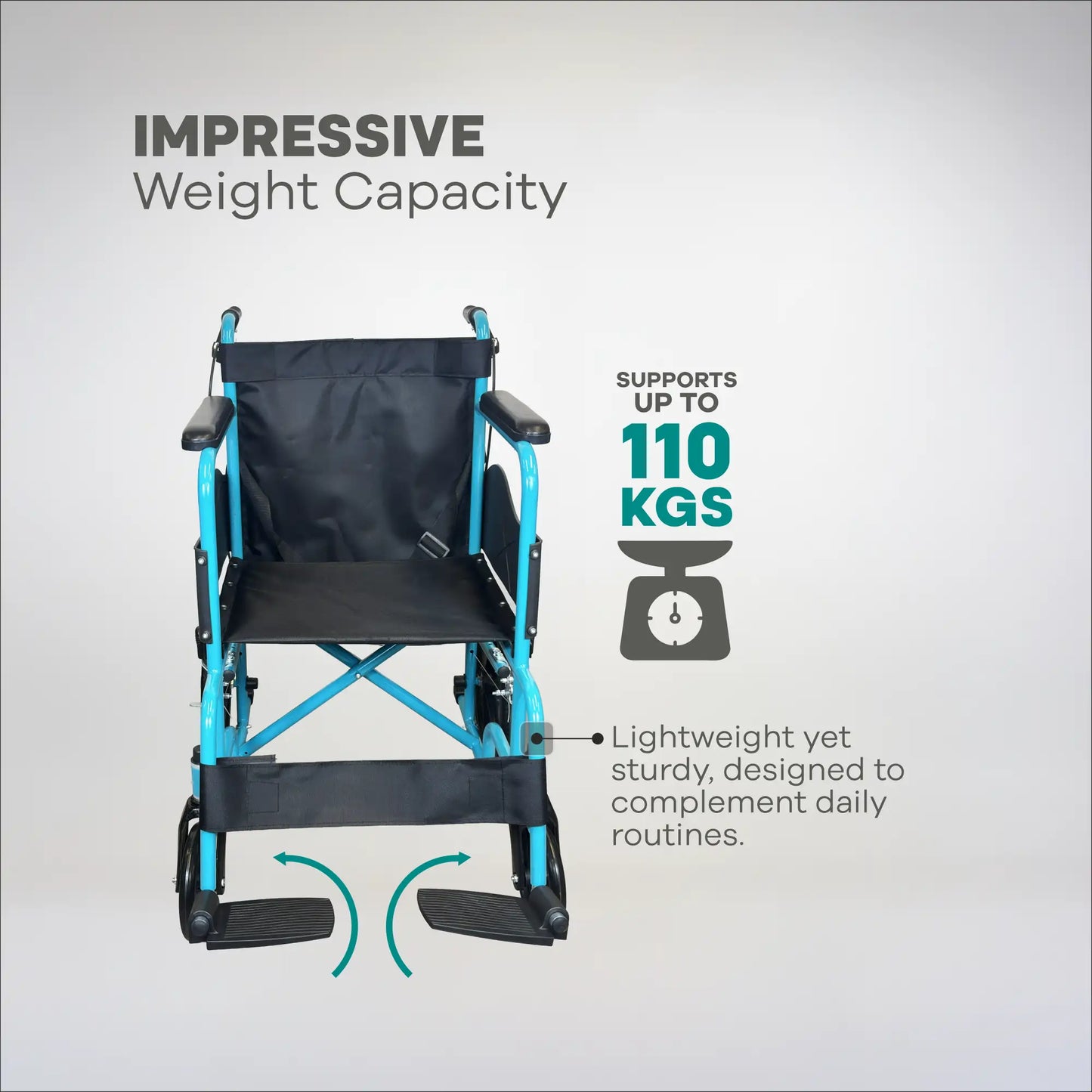 Blue and black wheelchair with text highlighting weight capacity on a gray background