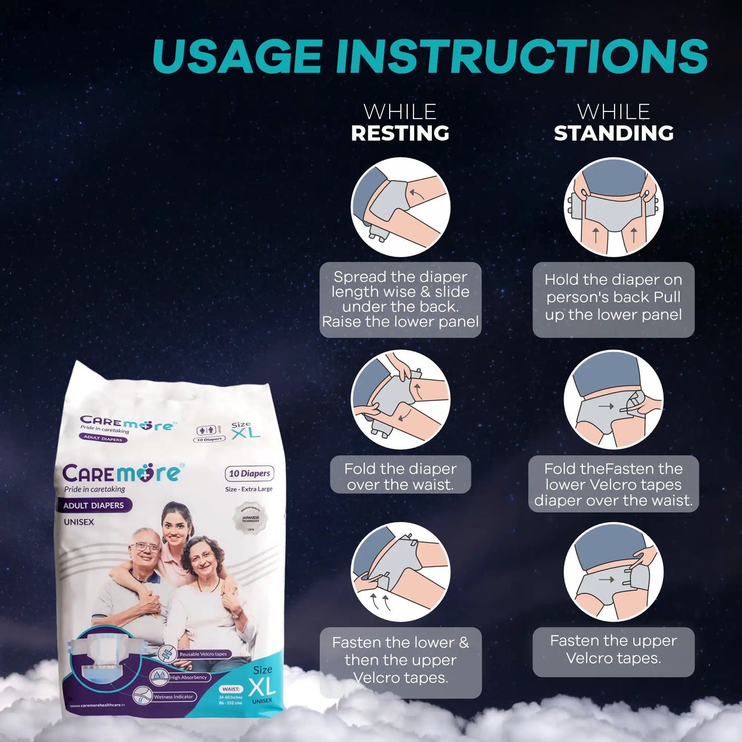 High Absorbency Leak-Proof Adult Diapers Pack by Caremore