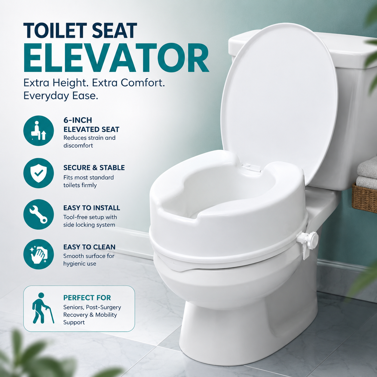 ARREX VA60 Comfort Commode Raiser 6 Inch Elevated Toilet Seat With Lid Portable, Lightweight, Washable & Antibacterial