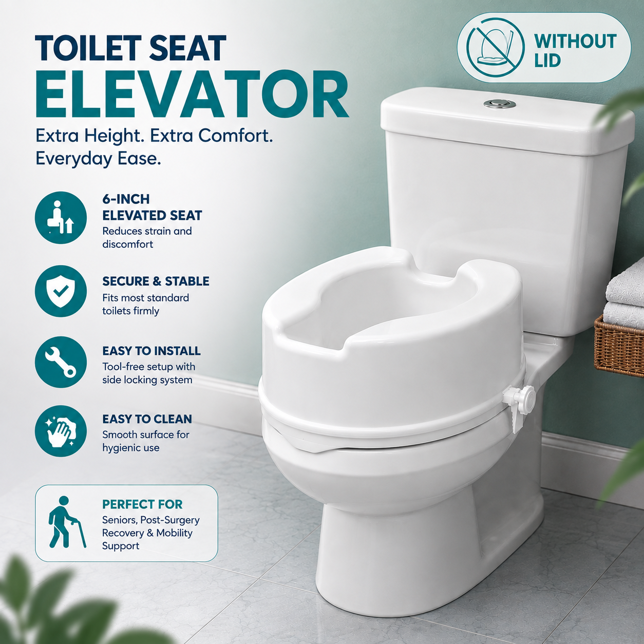 Comfort Commode Raiser 6 Inch Elevated Toilet Seat Without Lid Portable, Lightweight, Washable & Antibacterial