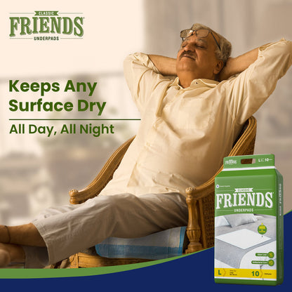 FRIENDS CLASSIC UNDERPADS, LARGE 60 X 90 CM, SUPER ABSORBENT POLYMER & SOFT SURFACE, 10S PACK