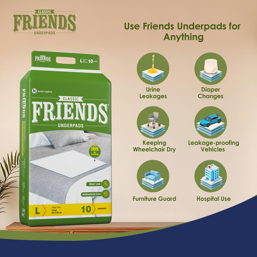FRIENDS CLASSIC UNDERPADS, LARGE 60 X 90 CM, SUPER ABSORBENT POLYMER & SOFT SURFACE, 10S PACK