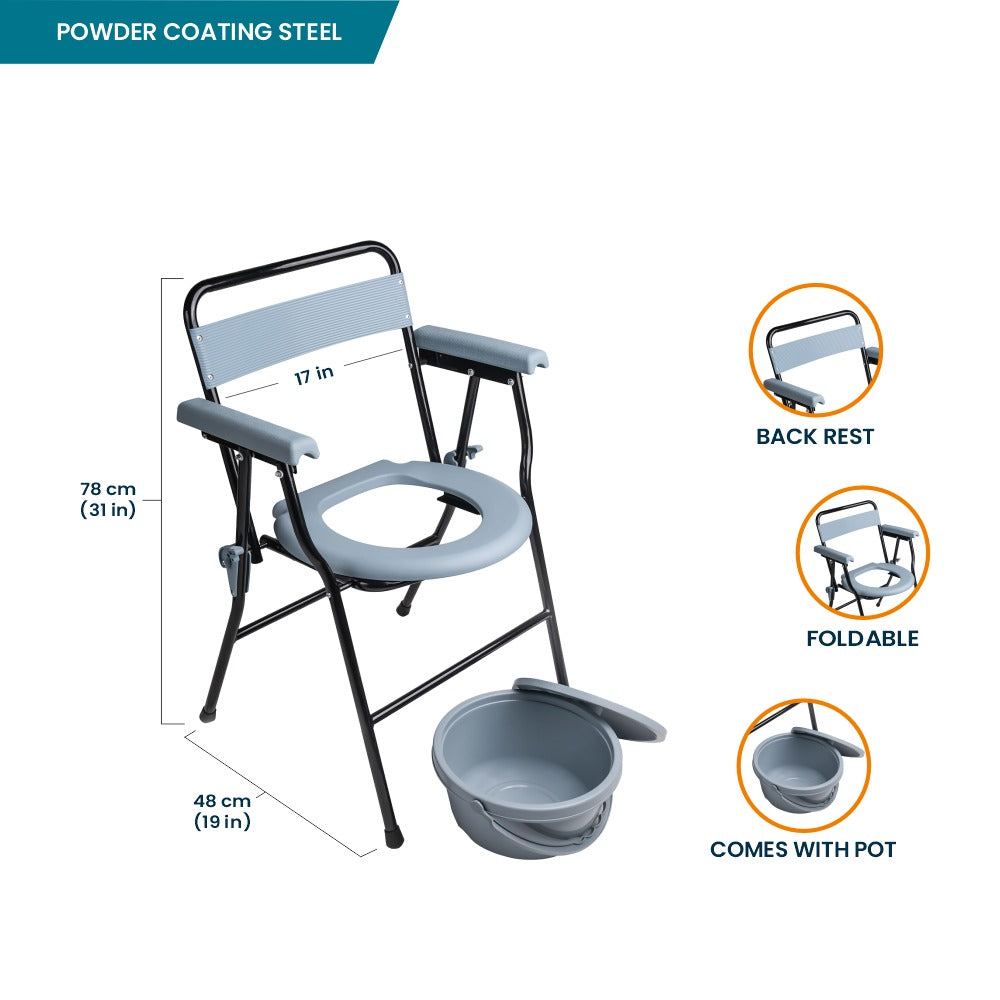 Foldable Steel Commode Chair with Backrest & Pot Attached Arrex V20