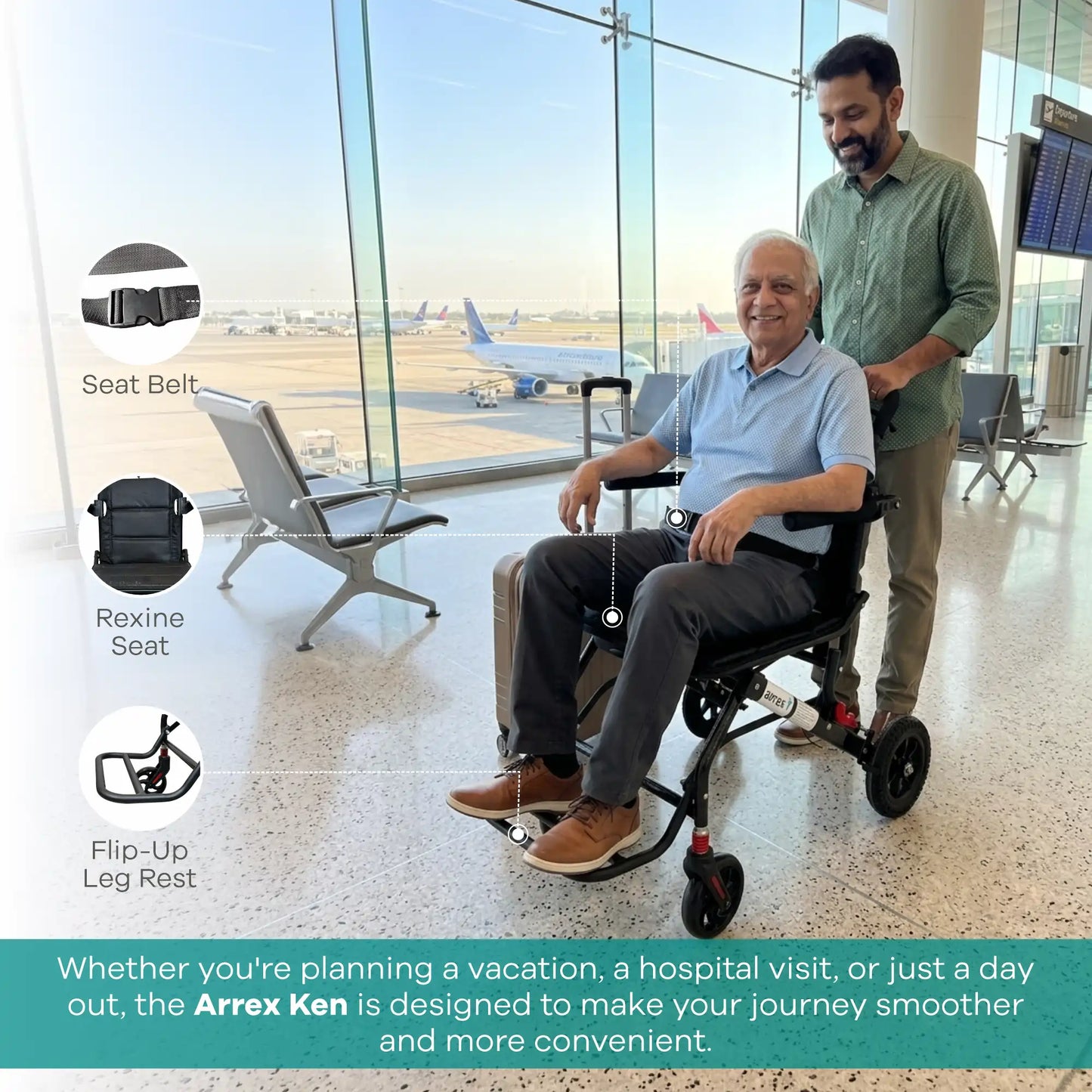 Arrex Ken Lightweight Foldable Manual Wheelchair with Safety Belt & Brakes