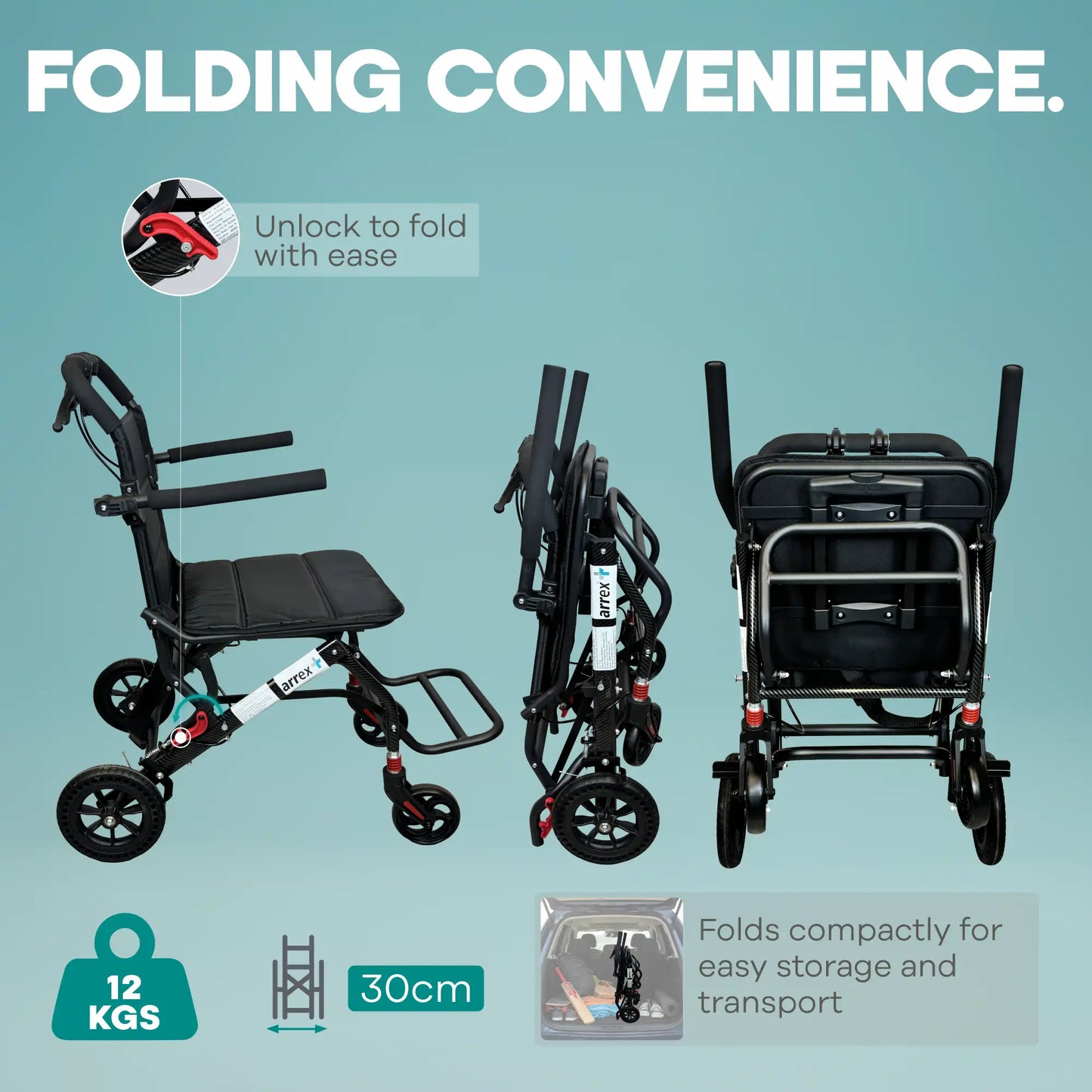 Arrex Ken Lightweight Foldable Manual Wheelchair with Safety Belt & Brakes