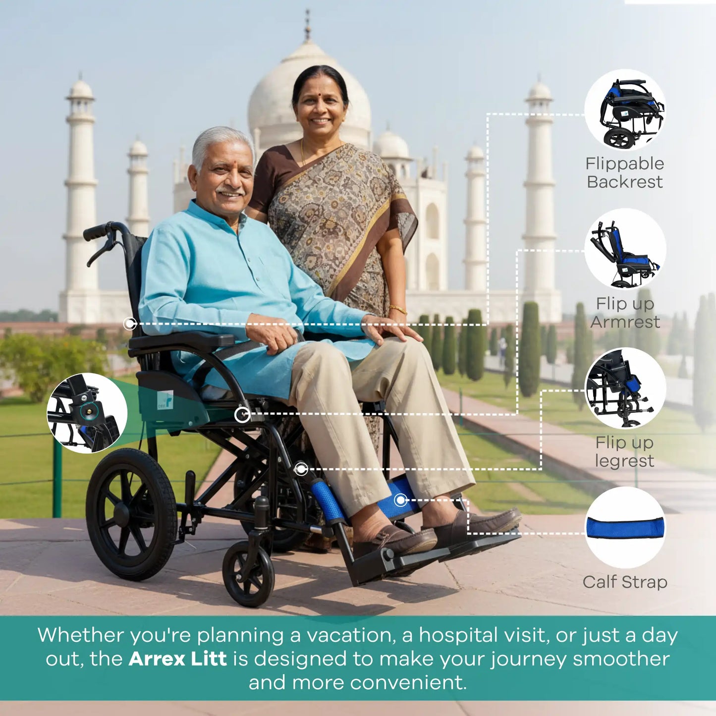 Arrex Litt Lightweight Attendant Wheelchair with Cushioned Seat