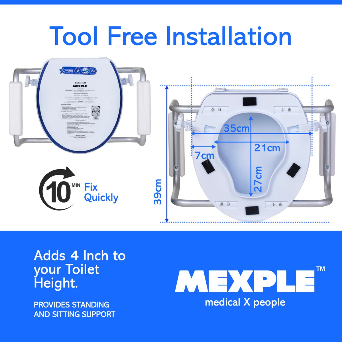 MEXPLE RaiXer4EXT Raised Toilet Seat with Handles & Cushion | 4 Inch Toilet Seat Raiser for Elderly & Patients