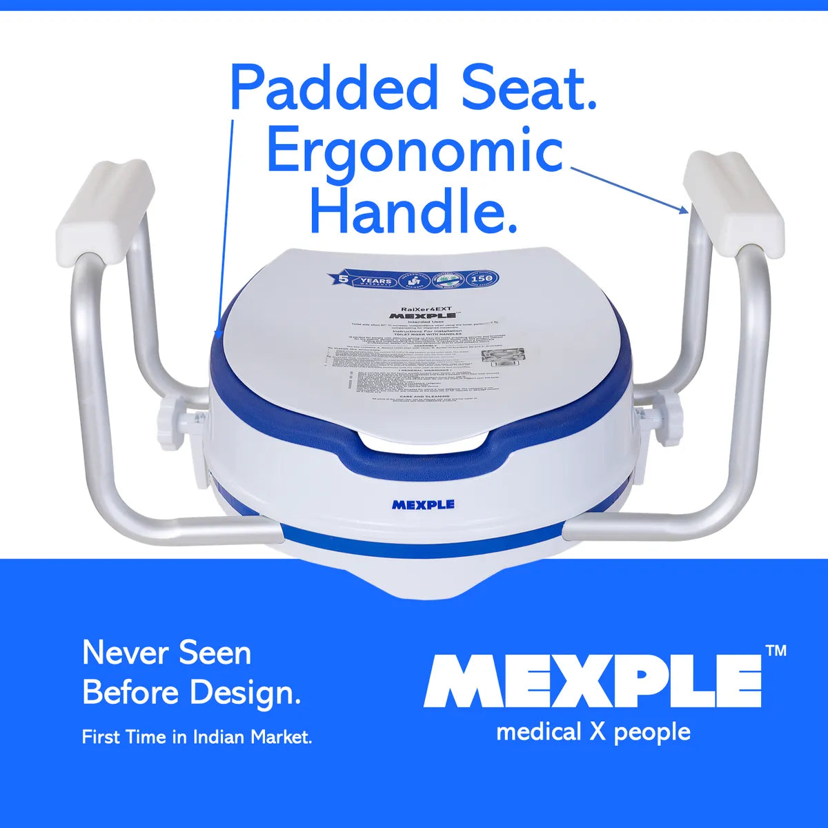 MEXPLE RaiXer4EXT Raised Toilet Seat with Handles & Cushion | 4 Inch Toilet Seat Raiser for Elderly & Patients