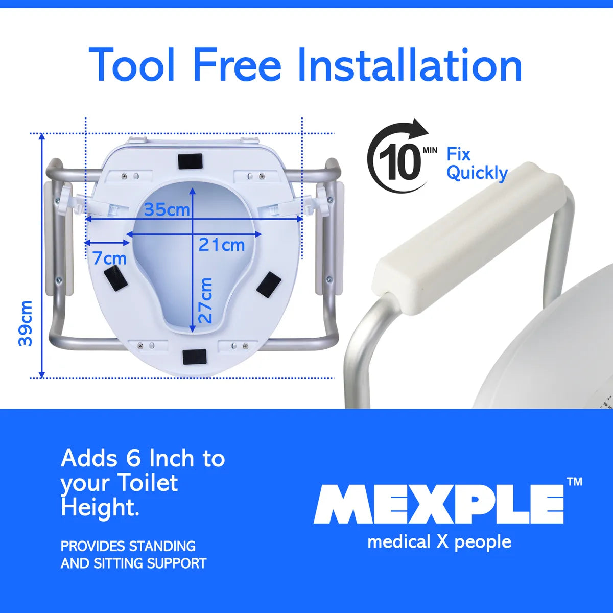 MEXPLE RaiXer6EXT Raised Toilet Seat with Handles & Cushion | 6 Inch Toilet Seat Raiser for Elderly & Patients