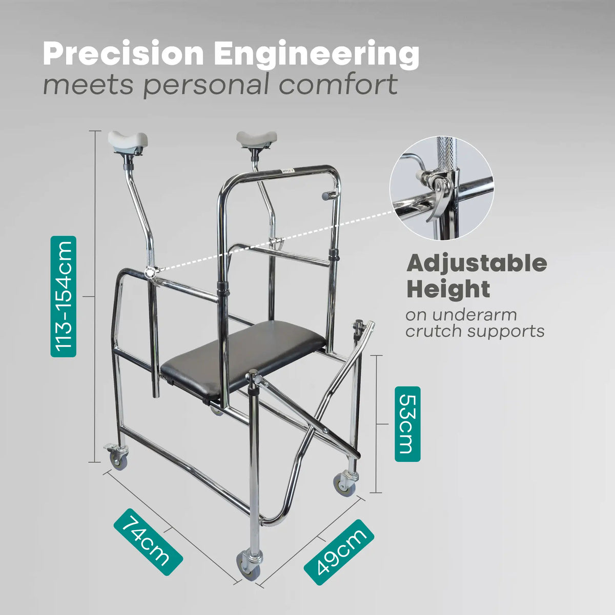 Walking aids steel frame, underarm crutches, all rolling wheels, castors with brakes Arrex MP20