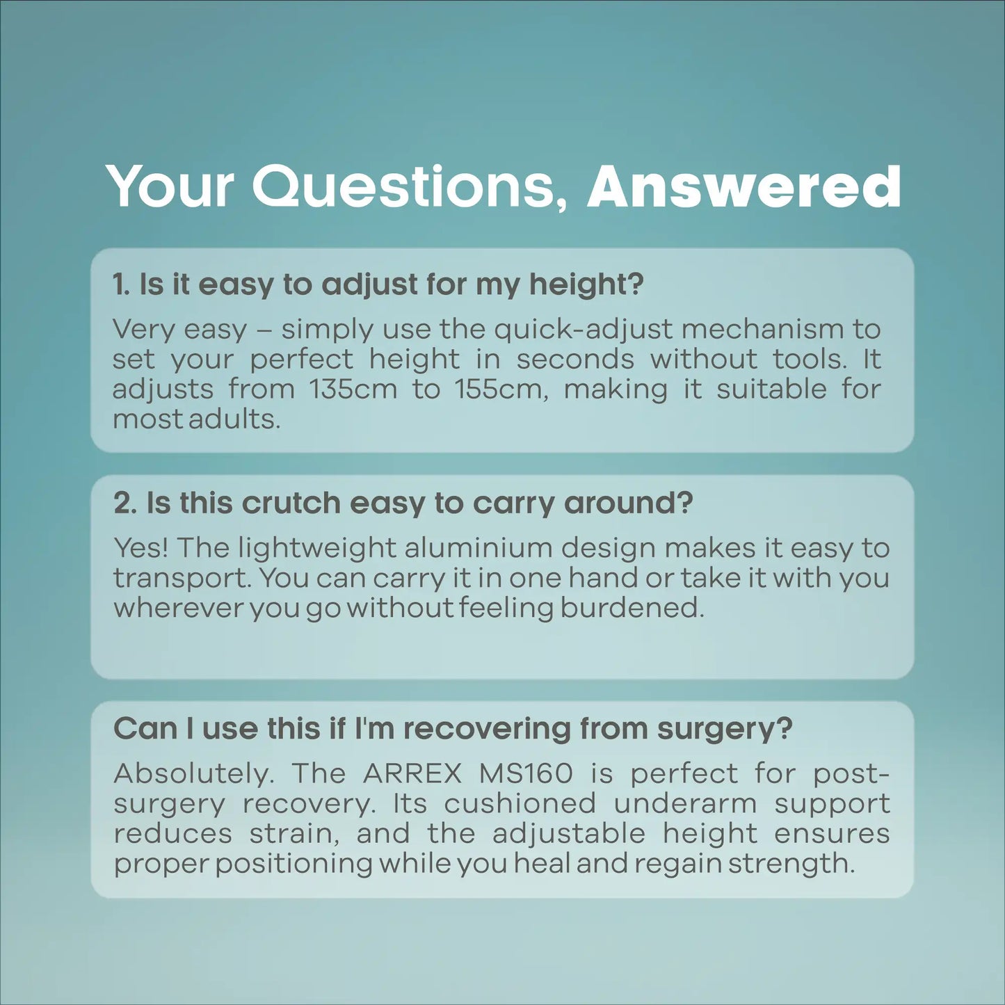 Under Arm Auxillary Crutch Single Height Adjustable Walking Stick - ARREX MS160