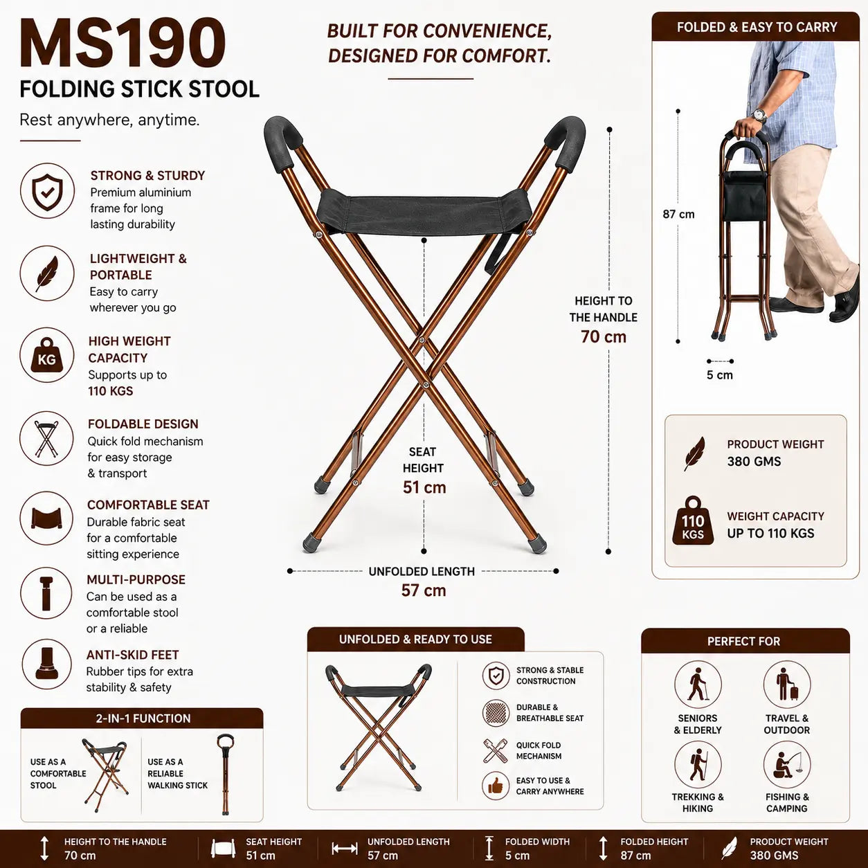 Walking Stick Mobility Aid with Built-In Rest Arrex MS190