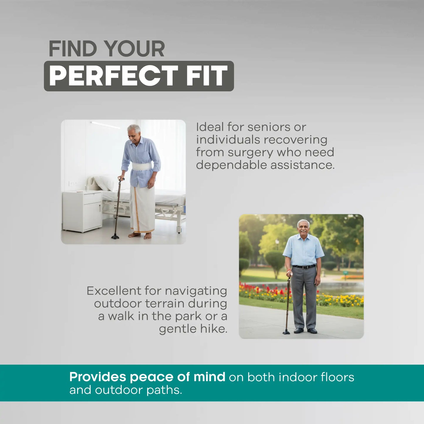 Ergonomic Adjustable Height Quadripod Walking Stick - Anti Skid - ARREX MS350